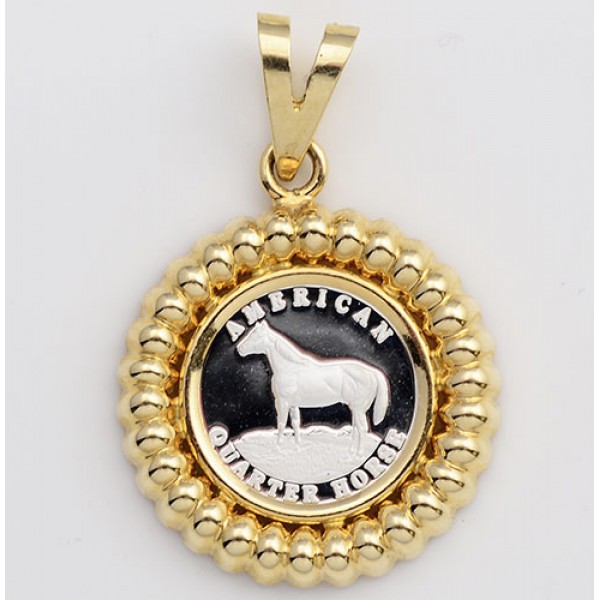 Beautiful .999 PURE SILVER  Quarter Horse Coin  in Solid 14kt GOLD Fluted Design Pendant